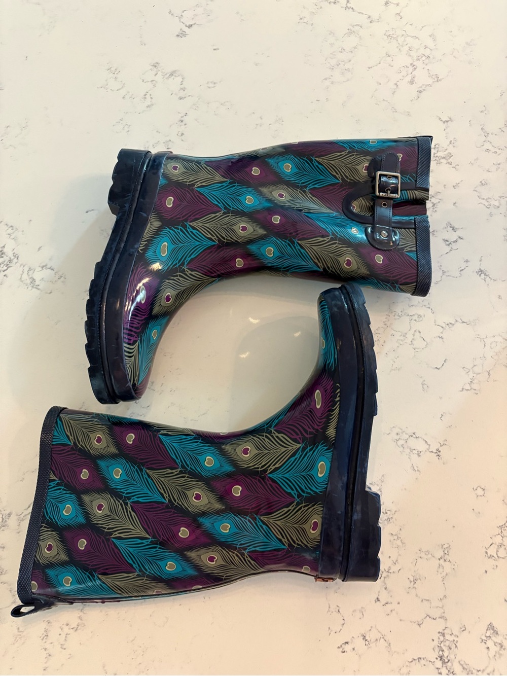 Chooka Peacock Wave Rain Boots Tall Rubber Blue Purple Teal Hearts Sz 9